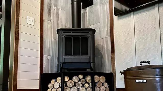 Wood burning stove at Little Wood Lodge